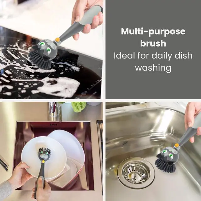 Alt view image 7 of 7 - Soap Dispensing Dish Brush - Felix Cat-Shaped, Dish Brush with Handle and Soap Dispenser, Scrub Brush for Dishes, Pot Scrubber, Sink Scrubber, Dish Cleaner, and Kitchen Essentials - Black, Gray