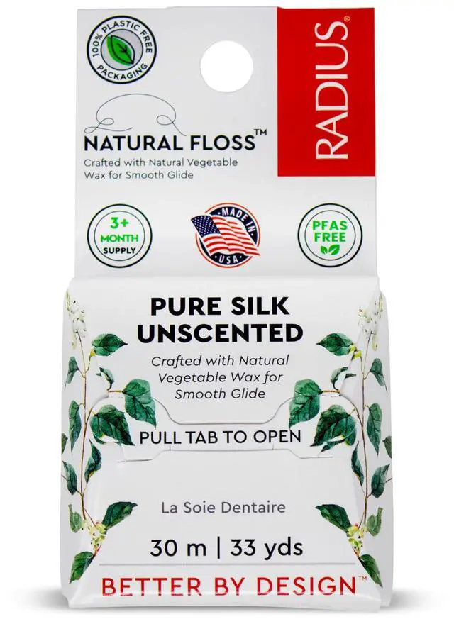 Main image of Natural Silk Dental Floss, Now 30% Thinner for Smooth Glide in Tight Teeth, Hand-Spun Silk Infused with Coconut Oil, Plastic-Free & Sustainable Packaging, Unscented, 33 YD - Pack of 1