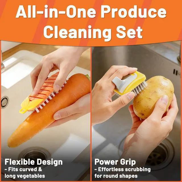 Alt view image 2 of 7 - 2 Pack Vegetable Brush Potato Scrubber for Food, Flexible Carrot Shape Veggie Brush and Finger Ring Fruit Cleaning Brush, Kitchen Produce Scrubber for Potatoes Carrots Corn