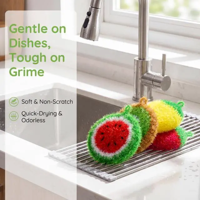 Alt view image 6 of 7 - 16 Pieces Fruit Dish Scrubber, Non Scratch Dish Washing Sponge, Double Layer Reusable Kitchen Scrubber Cleaning Sponge for Dishwashing, Cleaning Dishes, Cookware Tubs Sinks