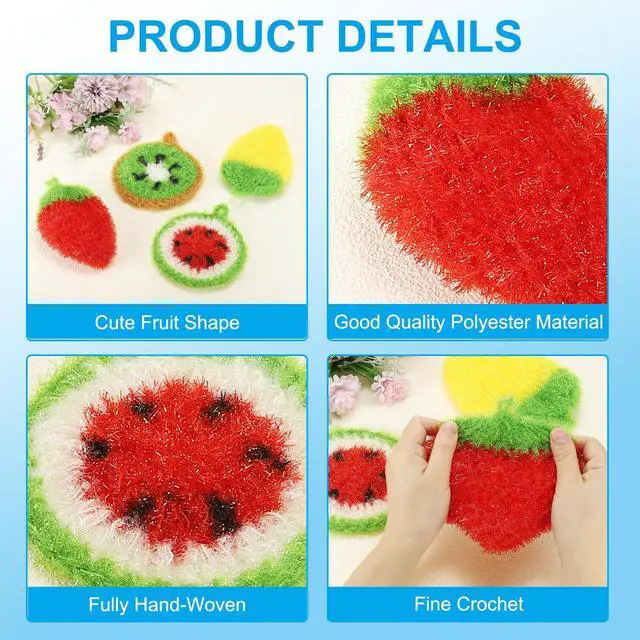 Alt view image 3 of 6 - Dish Scrubber, 4 Pcs Non Scratch Cleaning Sponge Hand Crochet Double Layered Durable Dish Cloth Kitchen Sponge for Washing Dishes for Cookware Tubs, Watermelon & Fruit & Strawberry