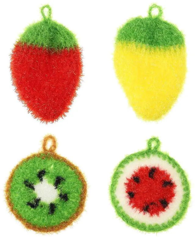 Main image of Dish Scrubber, 4 Pcs Non Scratch Cleaning Sponge Hand Crochet Double Layered Durable Dish Cloth Kitchen Sponge for Washing Dishes for Cookware Tubs, Watermelon & Fruit & Strawberry