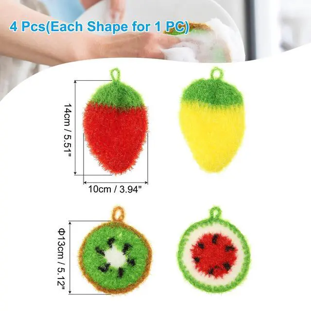 Alt view image 2 of 6 - Dish Scrubber, 4 Pcs Non Scratch Cleaning Sponge Hand Crochet Double Layered Durable Dish Cloth Kitchen Sponge for Washing Dishes for Cookware Tubs, Watermelon & Fruit & Strawberry