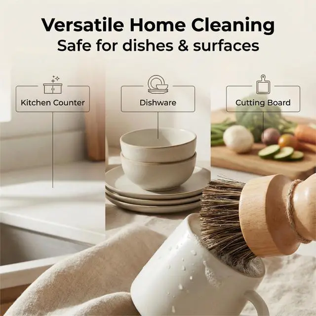 Alt view image 6 of 7 - Wooden Dish Scrub Brush - Natural Fiber Kitchen Dish Scrubber Set, for Cleaning Pots, Sink, Tableware and Vegetables - 3 Pack
