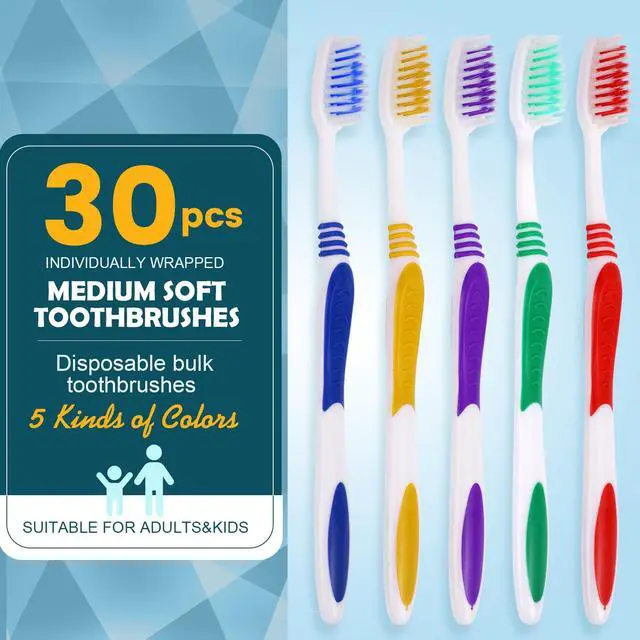 Alt view image 2 of 7 - 30 PCS Premium Individually Wrapped Bulk Toothbrush Pack, Disposable Toothbrushes, Kids Toothbrush, Medium Soft Bristle Toothbrushes, Ergonomics Handle, Perfect for Travel Hotel Donation