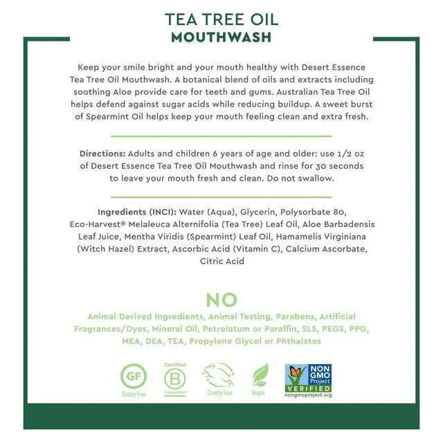 Alt view image 3 of 5 - Alcohol-Free Mouthwash with Tea Tree Oil and Aloe, Sugar-Free, Oral Rinse to Provide Botanical Care for Teeth & Gums, Vegan, Non-GMO, SLS-Free, Gluten-Free, Spearmint Flavor, 8oz