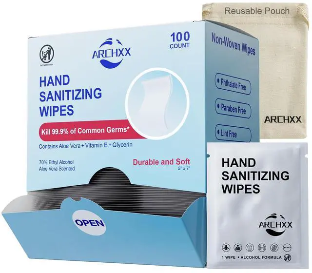 Main image of Cotton-Like Softness Hand Sanitizer Wipes, 100 Count, Antibacterial Hand Wipes Individually Wrapped, 70% Alcohol, Travel Size, Sanitizing for Home, Office & Outdoor, Aloe Vera Scent