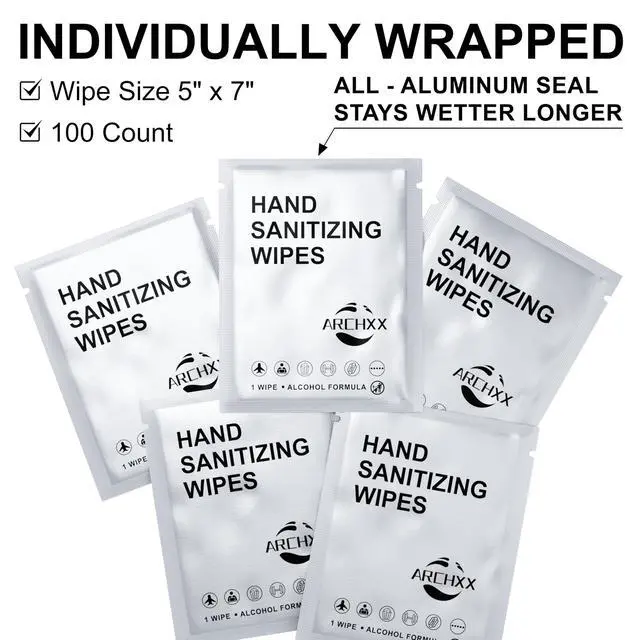 Alt view image 7 of 7 - Cotton-Like Softness Hand Sanitizer Wipes, 100 Count, Antibacterial Hand Wipes Individually Wrapped, 70% Alcohol, Travel Size, Sanitizing for Home, Office & Outdoor, Aloe Vera Scent