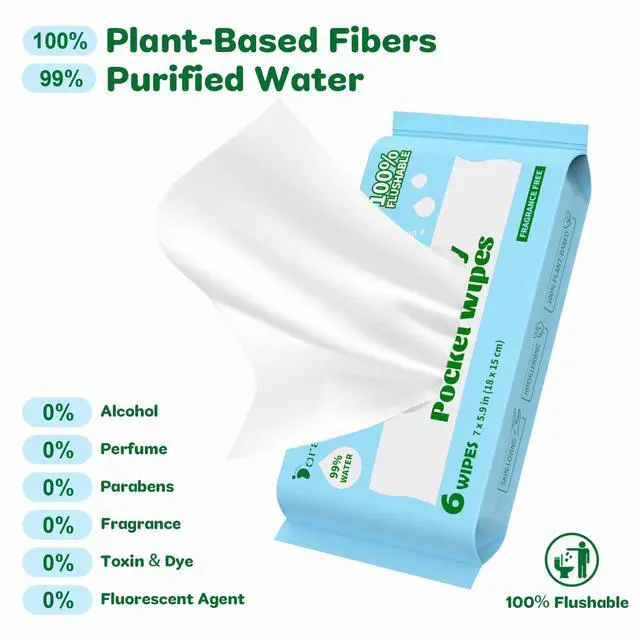 Alt view image 2 of 7 - Flushable Wipes Travel Size, 99% Water Mini Wet Wipes for Sensitive Skin, Hypoallergenic & Unscented On The Go Pocket Wipes, 48 Count (8 Packs of 6)