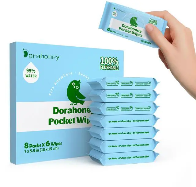 Main image of Flushable Wipes Travel Size, 99% Water Mini Wet Wipes for Sensitive Skin, Hypoallergenic & Unscented On The Go Pocket Wipes, 48 Count (8 Packs of 6)