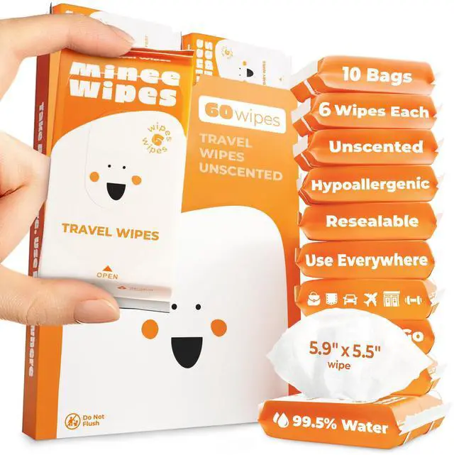 Main image of Impossibly Compact Travel Wipes - 99.5% Water - Safe for Sensitive Skin & Hypoallergenic, Resealable, Thick & Durable - For Adults & Kids - Unscented, 10 Pack Total 60 Wipes