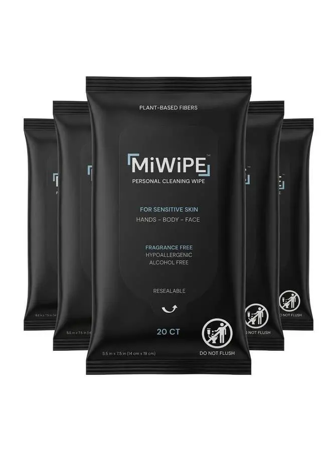Main image of Travel Wet Wipes - Body and Hand Wipes for Sensitive Skin, Fragrance Free, Alcohol free, Hypoallergenic, Resealable Travel Pack, 20 count Packs (Pack of 5) 100 Total Wipes