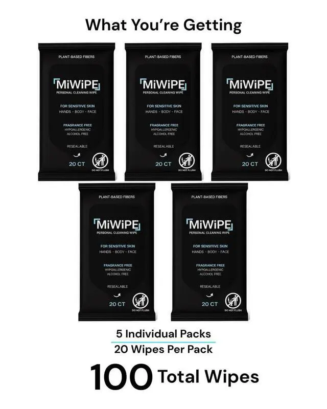 Alt view image 2 of 7 - Travel Wet Wipes - Body and Hand Wipes for Sensitive Skin, Fragrance Free, Alcohol free, Hypoallergenic, Resealable Travel Pack, 20 count Packs (Pack of 5) 100 Total Wipes