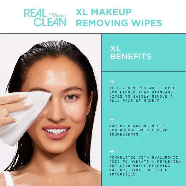 Alt view image 3 of 7 - Real Clean XL Hydrating Facial Wipes, Infused With Hyaluronic Acid, Dual-Usage Cleansing Wipes Repair Skin & Gently Remove Makeup, Fragrance Free, 25 Count