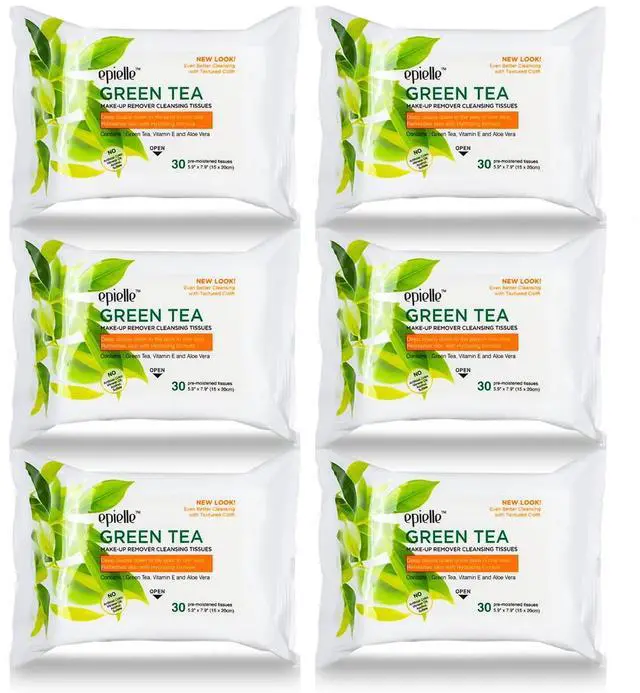 Main image of Green Tea Makeup Remover Wipes, Gentle Daily Facial Cleanser Towelettes, Remove Dirt, Oil & Waterproof Mascara, Stocking Stuffers, 30 Count (Pack of 6)