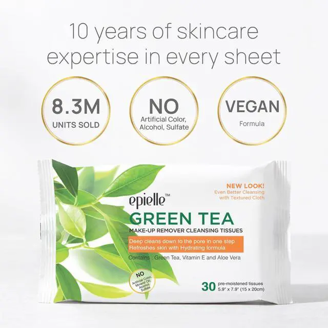 Alt view image 2 of 7 - Green Tea Makeup Remover Wipes, Gentle Daily Facial Cleanser Towelettes, Remove Dirt, Oil & Waterproof Mascara, Stocking Stuffers, 30 Count (Pack of 6)
