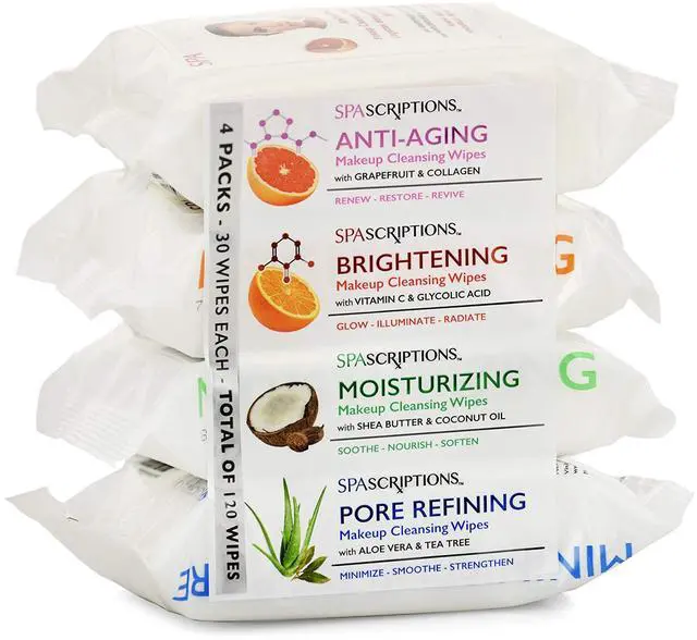 Main image of Spascriptions Anti-Aging, Brightening, Moisturizing & Pore Refining Towelettes Removes Waterproof Makeup, Revives with Collagen, Vitamin C, Coconut Oil, and Aloe Hypoallergenic, 120 Ct. 4 Pack