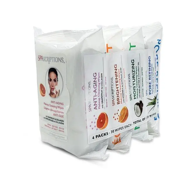 Alt view image 2 of 7 - Spascriptions Anti-Aging, Brightening, Moisturizing & Pore Refining Towelettes Removes Waterproof Makeup, Revives with Collagen, Vitamin C, Coconut Oil, and Aloe Hypoallergenic, 120 Ct. 4 Pack