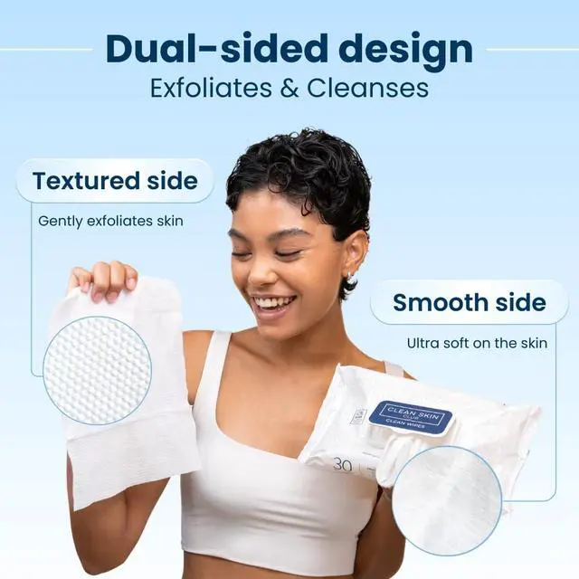 Alt view image 4 of 7 - Clean Wipes, XL Makeup Remover Face Wipes, Textured Cleansing Facial Wipes for Sensitive Skin, Hypoallergenic, Fragrance-Free, Vegan, 40% Bigger, 30 Count