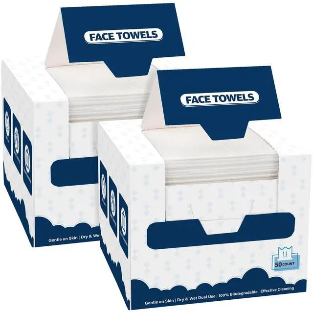 Main image of Face Towels, 100 Count (2 Box) Disposable Face Towelettes, Biodegradable Makeup Remover Dry Wipes, Super Soft Clean Facial Towels Wash Cloth for Sensitive Skin