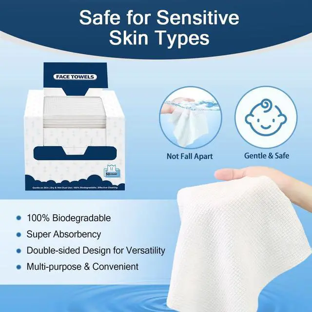 Alt view image 5 of 7 - Face Towels, 100 Count (2 Box) Disposable Face Towelettes, Biodegradable Makeup Remover Dry Wipes, Super Soft Clean Facial Towels Wash Cloth for Sensitive Skin