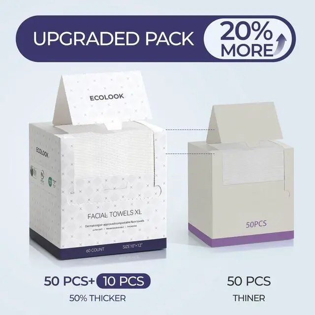 Alt view image 2 of 7 - Disposable Face Towel XL-60 Count Upgraded Thick Facial Towels, Ultra Soft Clean Face Towels Disposable, 10"x12" & 90 GSM, Ideal for Sensitive Skin-1 PACK