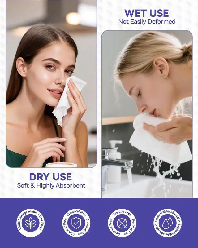 Alt view image 6 of 7 - Disposable Face Towels, 10"×12" XL Face Towelette Disposable, Soft Makeup Remover Dry Wipes, Thick Facial Tissue for Women Cleansing, Skin Care, 50 Count (1 Pack)