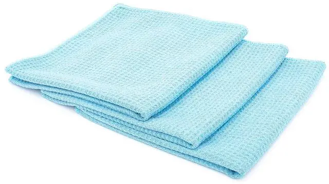 Main image of Standard Waffle Weave Towels, Microfiber Detailing, Window/Glass and Drying, Wax & Polish, Lint-Free, Streak-Free, 370gsm, 16in x 16in, Light Blue (3-Pack)