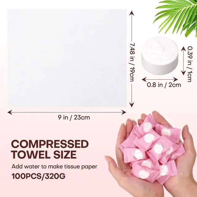Alt view image 3 of 7 - Compressed Towel Tablets 100 Count Disposable Face Towel Individually Wrapped 9×7.5 Inch Portable Washcloths Compact Cloths for Travel Essentials Camping Hotel Makeup Removal Cleaning (Pink)