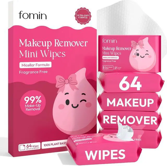 Main image of Mini Makeup Remover Wipes - 8 Pack (64 Wipes) Unscented Gentle Face Wipes for Full Face Makeup Removal - Non-Irritating & Micellar Formula Travel Ready - Gift for Women & Bridesmaids