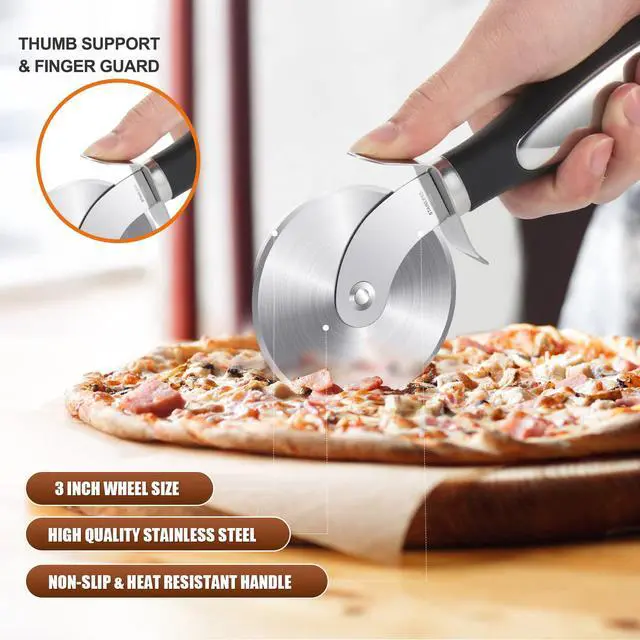 Alt view image 3 of 7 - Premium Pizza Cutter Wheel - Ultra Sharp Stainless Steel Pizza Slicer with Non-Slip Soft Grip Handle - Multi-Purpose Cutter for Pizza, Dough & Pastry - Dishwasher Safe, Easy to Clean - Black