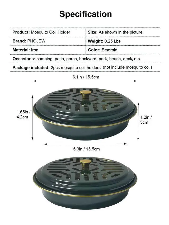 Alt view image 5 of 6 - Mosquito Coil Holder, 2 Pack Metal Mosquito Repellent Coil Holder with Lid Emerald Portable Incense Coil Burner for Outdoor Camping Patio Party (Emerald)