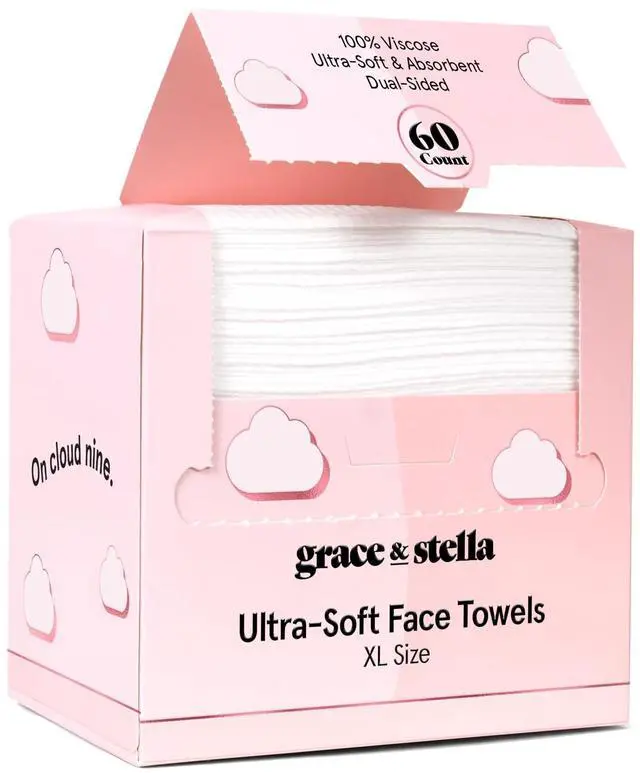Main image of Face Towels Disposable - Travel Essentials - Ultra-Soft & Absorbent Face Wipes Towelettes - XL Facial Towels for Cleansing & Makeup Removal - Lint-Free Facial Tissue - Vegan (60 Count)