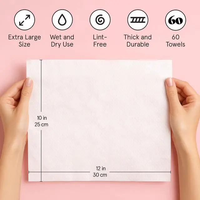 Alt view image 7 of 7 - Face Towels Disposable - Travel Essentials - Ultra-Soft & Absorbent Face Wipes Towelettes - XL Facial Towels for Cleansing & Makeup Removal - Lint-Free Facial Tissue - Vegan (60 Count)