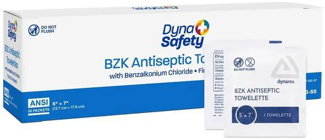 Main image of DynaSafety BZK Antiseptic Towelettes - Sterile, Alcohol and Fragrance Free, Gentle Cleansing, Safe on Minor Wounds - 5" x 7" - 50 per Box
