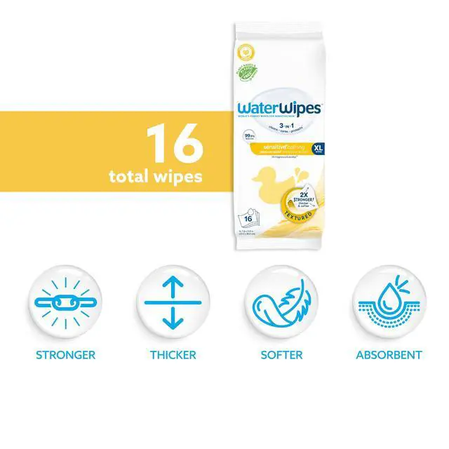 Alt view image 2 of 7 - Sensitive+ Bathing Wipes, 3-In-1 Cleans, Cares, Protects, 99.9% Water, Unscented & Hypoallergenic, 16 Count (1 Pack)