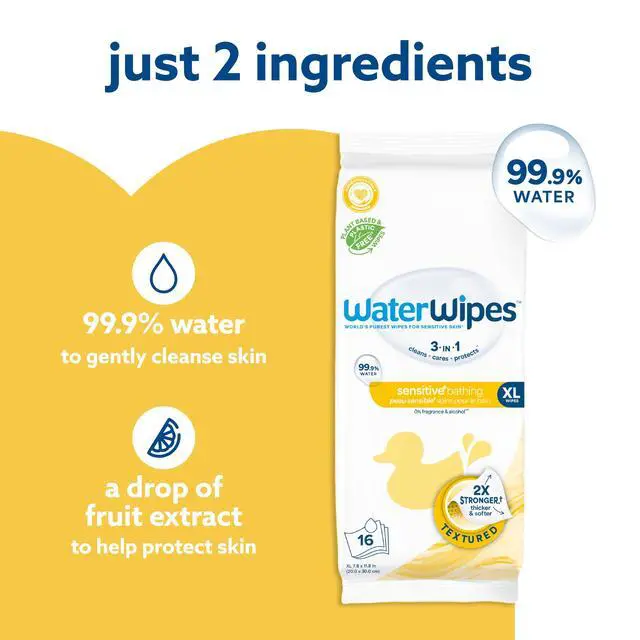 Alt view image 4 of 7 - Sensitive+ Bathing Wipes, 3-In-1 Cleans, Cares, Protects, 99.9% Water, Unscented & Hypoallergenic, 16 Count (1 Pack)