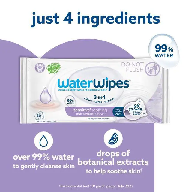 Alt view image 3 of 7 - Sensitive+ Soothing Wipes, 3-In-1 Cleans, Cares, Soothes, 99% Water with Botanical Extract, Unscented & Hypoallergenic Baby Wipes, 60 Count (1 Pack)