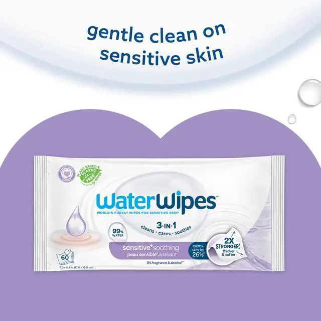 Alt view image 7 of 7 - Sensitive+ Soothing Wipes, 3-In-1 Cleans, Cares, Soothes, 99% Water with Botanical Extract, Unscented & Hypoallergenic Baby Wipes, 60 Count (1 Pack)