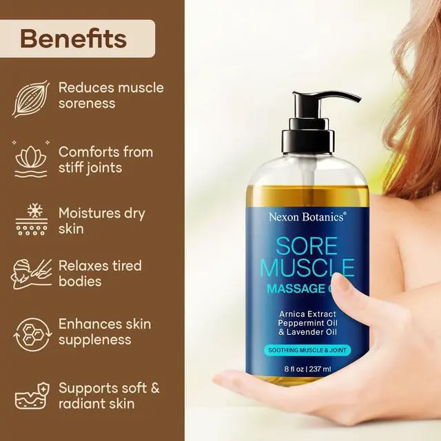 Alt view image 3 of 7 - Sore Muscle Massage Oil for Massage Therapy 8 fl oz - Refreshing and Relaxing - Natural Oils with Arnica, Peppermint and Lavender Oil - for Men and Women
