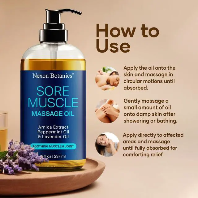 Alt view image 4 of 7 - Sore Muscle Massage Oil for Massage Therapy 8 fl oz - Refreshing and Relaxing - Natural Oils with Arnica, Peppermint and Lavender Oil - for Men and Women