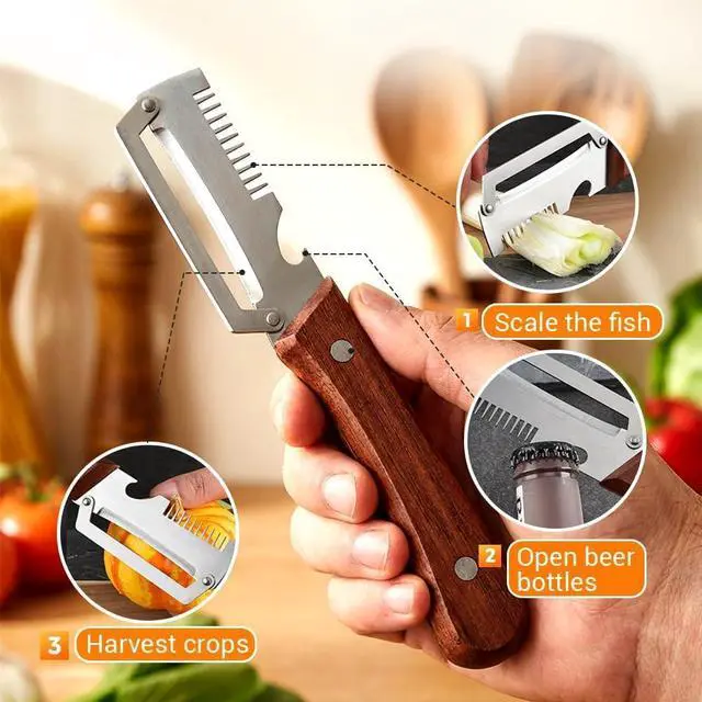 Alt view image 2 of 5 - Premium Vegetable Peeler with Wooden Handle and Bottle Opener,Multi-Functional Vegetable Peeler for Kitchen, 2-In-1 Stainless Steel Kitchen Tool, for Fruit Veggie, Includes Bottle Opener (2PCS 3-In-1)