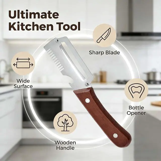 Alt view image 5 of 5 - Premium Vegetable Peeler with Wooden Handle and Bottle Opener,Multi-Functional Vegetable Peeler for Kitchen, 2-In-1 Stainless Steel Kitchen Tool, for Fruit Veggie, Includes Bottle Opener (2PCS 3-In-1)