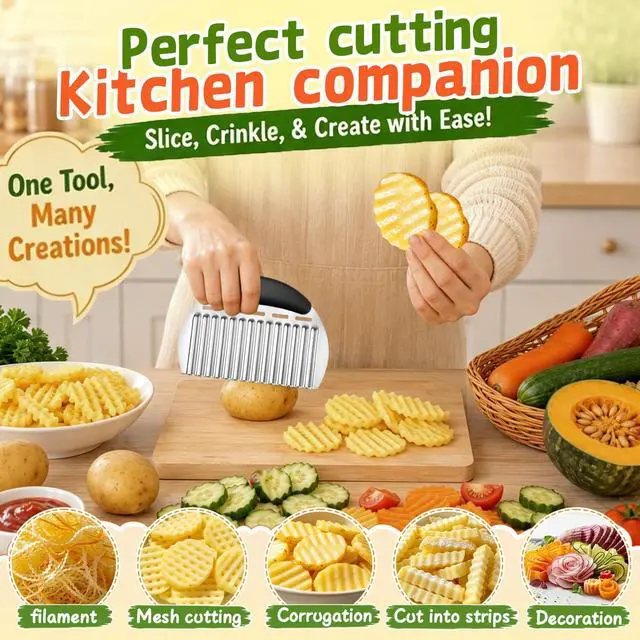 Alt view image 2 of 7 - Large Crinkle Cutter French Fry Cutter, Large Crinkle Potato Slicer Wavy Chopper, Stainless Steel Wavy Slicer Crinkle Cutting Chopping Tools with Handle for Carrot Vegetable