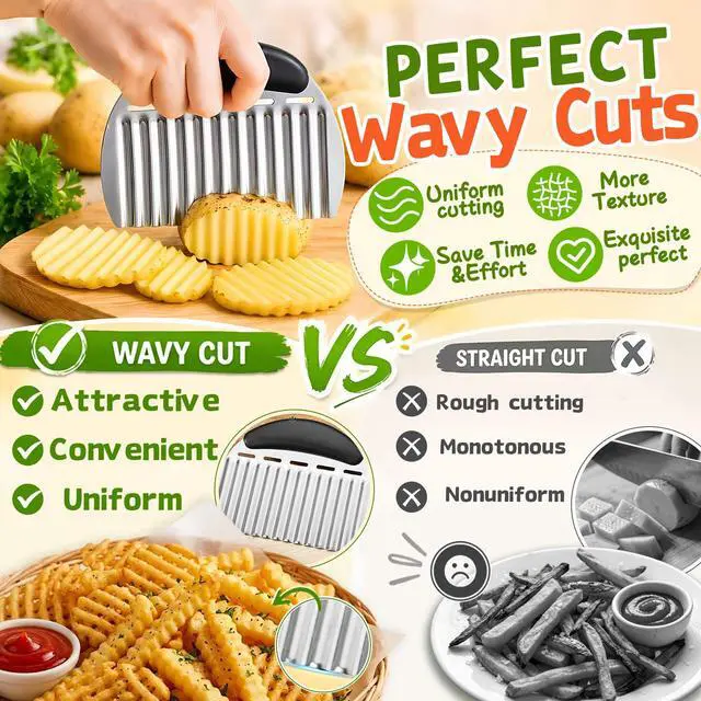 Alt view image 3 of 7 - Large Crinkle Cutter French Fry Cutter, Large Crinkle Potato Slicer Wavy Chopper, Stainless Steel Wavy Slicer Crinkle Cutting Chopping Tools with Handle for Carrot Vegetable