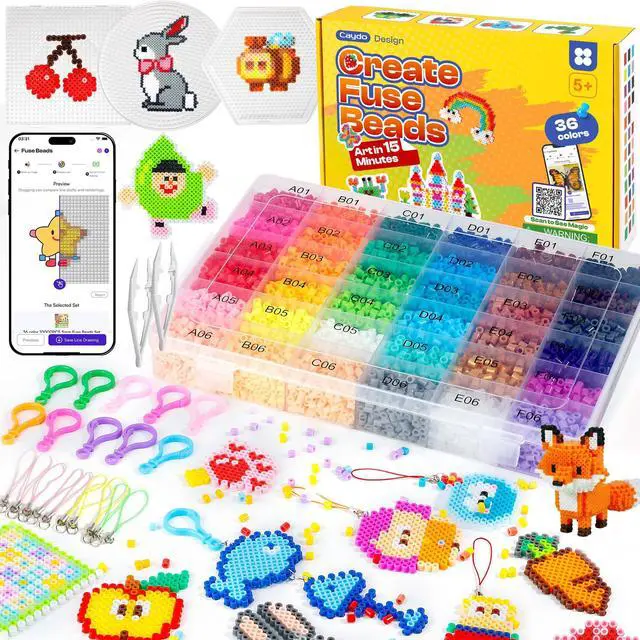 Main image of Fuse Beads Kit with Pattern-Generating App, 10500PCS 36 Colors 5mm Beads for Beginners with Pegboardx, Ironing Paper, Tweezers & Keychain Accessories for 5+Girls Home & School Projects, Gift