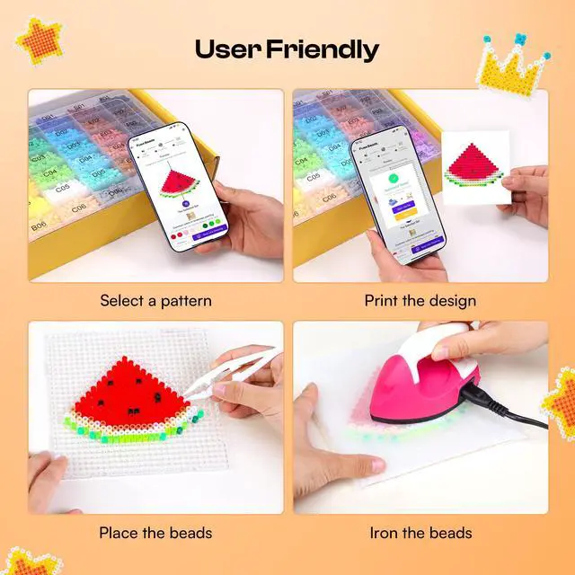 Alt view image 6 of 7 - Fuse Beads Kit with Pattern-Generating App, 10500PCS 36 Colors 5mm Beads for Beginners with Pegboardx, Ironing Paper, Tweezers & Keychain Accessories for 5+Girls Home & School Projects, Gift