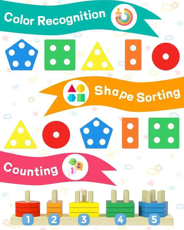 Alt view image 3 of 6 - Montessori Toys for 1 2 3 Year Old Boys Girls Gifts, Wooden Shape Sorter Toys for Ages 2-4, Toddler Learning Toy Puzzles Birthday Gift Ages 1-3