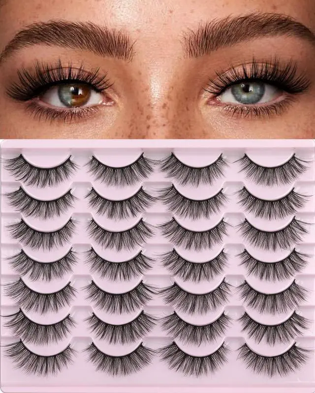 Main image of False Eyelashes 14mm Faux 3D Mink Lashes Natural Look Cat Eye Wispy Lashes Pack , 14 Pairs