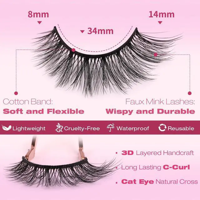 Alt view image 2 of 7 - False Eyelashes 14mm Faux 3D Mink Lashes Natural Look Cat Eye Wispy Lashes Pack , 14 Pairs